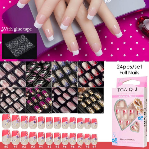 JQ 24pcs Full Cover Fake Nail Art Design With Nail Adhesive Glue Tab 10 Sizes Acrylic Press On Nail Tips False Nail Faux Ongles