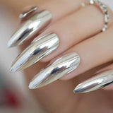 Mirror Silver False Nails STILETTO Point Metallic Acrylic Nail Tips 24pcs/kit Easy for Daily wear