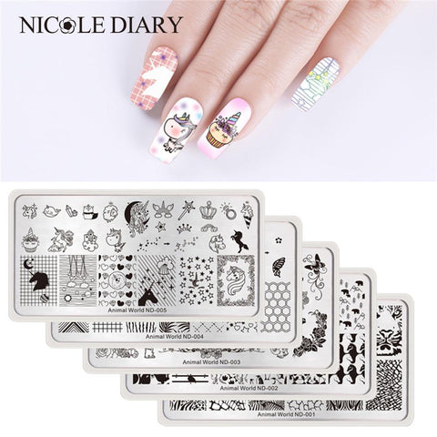 NICOLE DIARY Nail Stamping Plate Rectangle Round Square Animal World Series Nail Art Image Plate Rectangle Stencil for Nails