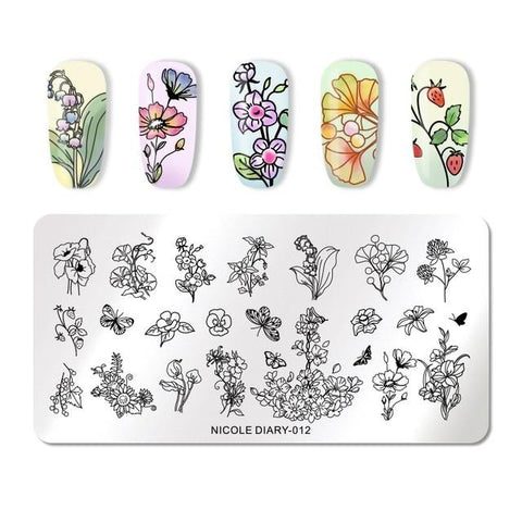 NICOLE DIARY Nail Stamping Plates Rectangle Round Flower Grid Plaid Geometric Image Print Stencil Nail Template for Polish Gel