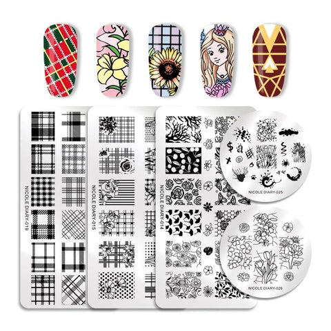 NICOLE DIARY Nail Stamping Plates Rectangle Round Flower Grid Plaid Geometric Image Print Stencil Nail Template for Polish Gel