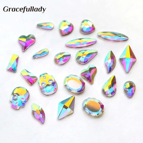 Nail Art Rhinestones 20Pcs/Pack Flat Shaped Elongated Teardrop Rectangle Glass Flame Colorful Stones For 3D Nails Decoration