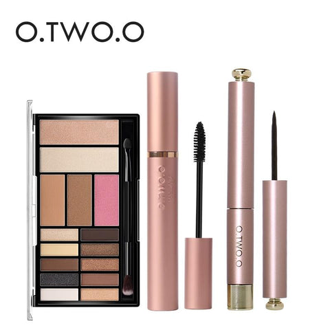 O.TWO.O 4Pcs Pro Eye Makeup Set Cosmetics 12 Colors Warm Nude Colors Eyeshadow Black Mascara Eyeliner with 1Pcs Shadow Brush Kit
