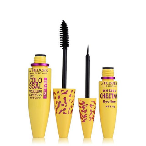 Professional 2 in 1 Eye Makeup Set Eye liner with Leopard Colossal Mascara Black Liquid Eyeliner Waterproof Curling mascara Tool