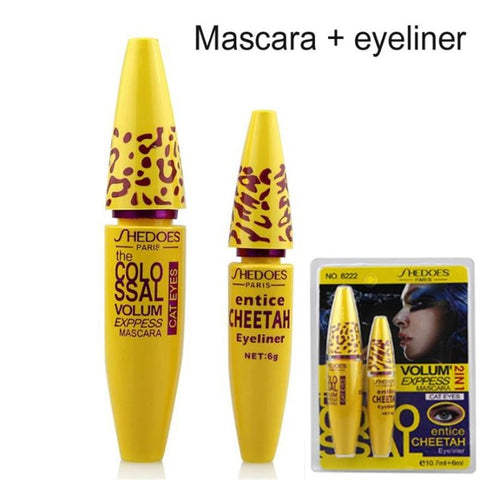 Professional 2 in 1 Eye Makeup Set Eye liner with Leopard Colossal Mascara Black Liquid Eyeliner Waterproof Curling mascara Tool