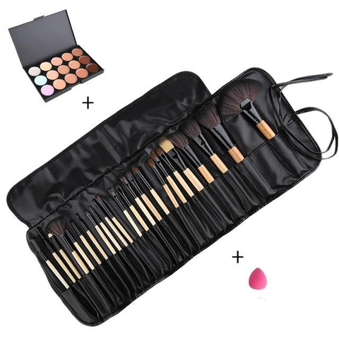 Professional Beauty Makeup Set Fashion 15 Colors Face Concealer Contour Platte + 24pcs Pro Makeup Brushes  + 1 Cosmetic Puff Set