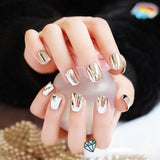 Reflective Mirror Light Soft Pink Metal Plating False French Acrylic Nail Tips Metallic Square Fake Nails Without Nail Glue