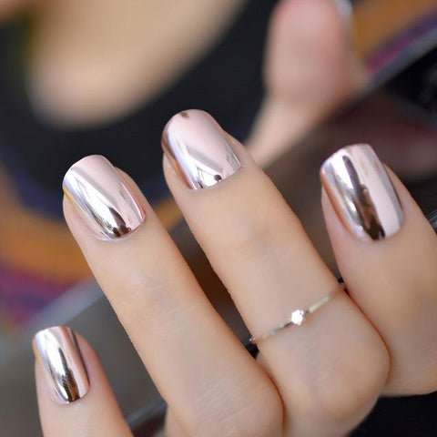 Reflective Mirror Light Soft Pink Metal Plating False French Acrylic Nail Tips Metallic Square Fake Nails Without Nail Glue