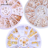 Rose Gold Rivet Nail Studs 3D Nail Art Decoration Gold Circle Star Round Square Mixed Accessories in Wheel for DIY