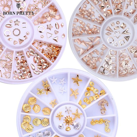 Rose Gold Rivet Nail Studs 3D Nail Art Decoration Gold Circle Star Round Square Mixed Accessories in Wheel for DIY