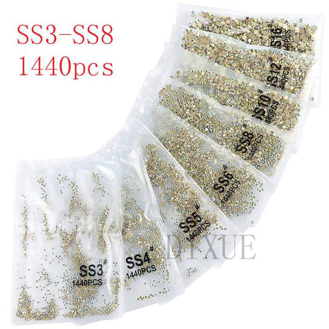 SS3-ss8 1440pcs Clear Crystal AB gold flack 3D Non HotFix FlatBack Nail Art Decorations Flatback Rhinestones for Clothing 073