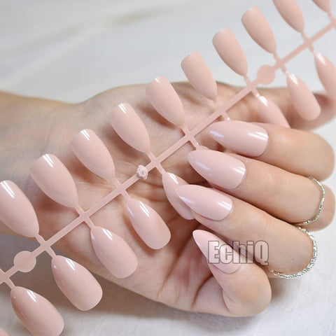 Shiny Nude Fashion Stiletto False Nails Sharp Curve Simply Fake Nails for daily wear On the Nail Tree 24pcs