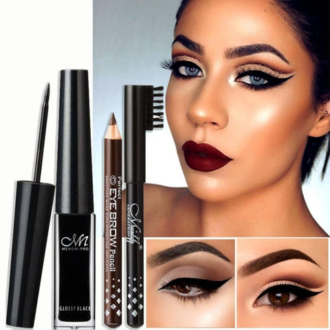 Women Makeup Set Waterproof Long Lasting Eyeliner Liquid +2pcs Eyebrow Pencils Makeup Kit Professional Eye Makeup New 2018